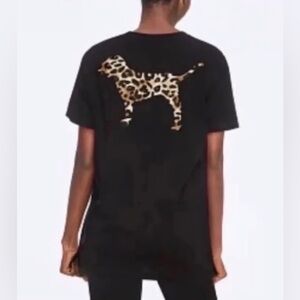 PINK Victoria's Secret Black Tee with Leopard Dog Graphic